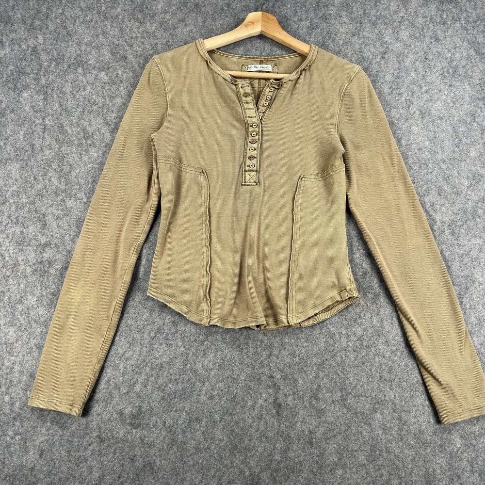 We The Free Shirt Womens Small Beige Henley Ribbed Knit Button Cuff Top